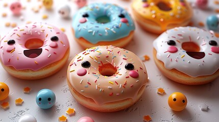 Wall Mural - Cute Donuts with Sprinkles and Happy Faces