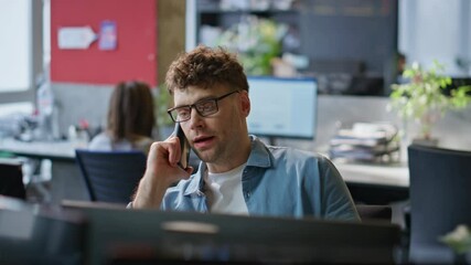 Poster - Sales professional speaking mobile phone client at contemporary office closeup