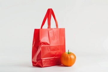 Sticker - A simple still life composition featuring a red bag and an orange on a white surface