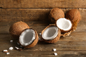 Fresh coconuts on wooden background