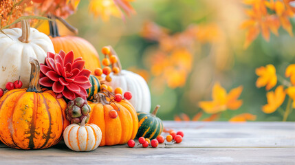 Pumpkins with flowers and fall harvest decorations in autumn colors showcasing seasonal beauty