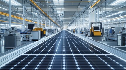 Poster - A large industrial building with a long, wide, and empty floor. The floor is covered with solar panels