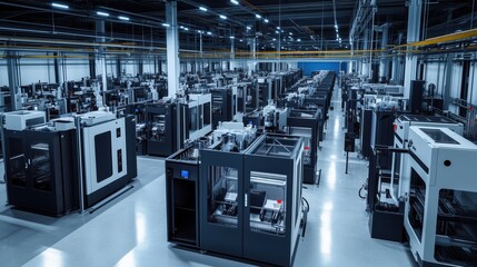 Poster - A large industrial building with many machines and a lot of space