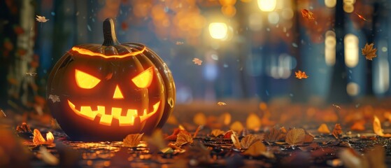 Poster - A carved pumpkin glows on a path covered in autumn leaves at night