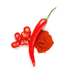 Canvas Print - Hot chili peppers and ground on white background. Top view