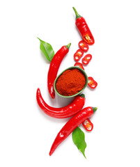 Poster - Hot chopped chili pepper and ground on white background. Top view