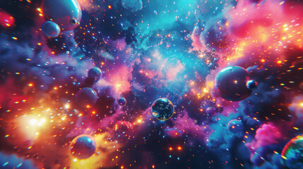 Wall Mural - Cinematic whimsical photography of colorful galaxy with colorful and bright nebulas as well us different planets with different terrains