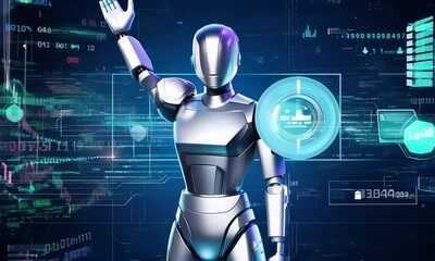 Poster - Exploring the future of artificial intelligence with a humanoid robot in a digital landscape of technology and innovation. Generative AI