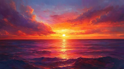 A breathtaking view of a sunset over the ocean, with vibrant oranges, pinks, and purples painting the sky as the sun dips below the horizon.