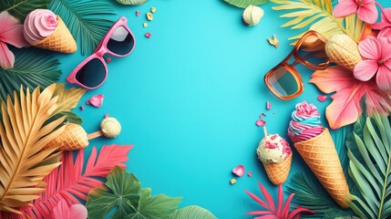 Poster - A bright and colorful summer-themed flyer template with tropical leaves, sunglasses, and ice cream cones, offering plenty of space for event details and text.