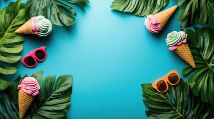 Poster - A bright and colorful summer-themed flyer template with tropical leaves, sunglasses, and ice cream cones, offering plenty of space for event details and text.
