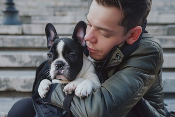 Poster - A man cradling a small dog in his arms, surrounded by a warm atmosphere