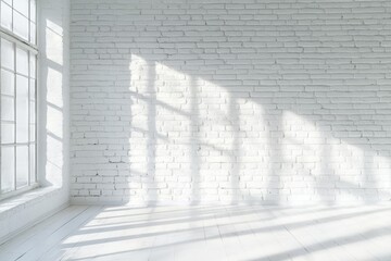 Poster - This tranquil space features a bright white brick wall lit by warm sunlight, casting soft shadows that enhance the airy atmosphere, inspiring creativity and calmness in all who enter