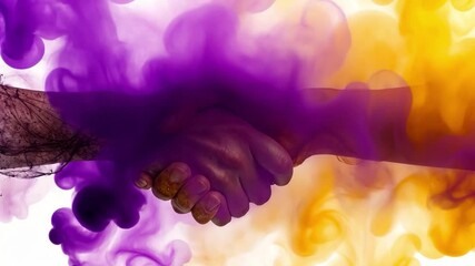 Poster - A vibrant handshake emits colorful purple and yellow smoke, representing teamwork and collaboration in a striking visual display.