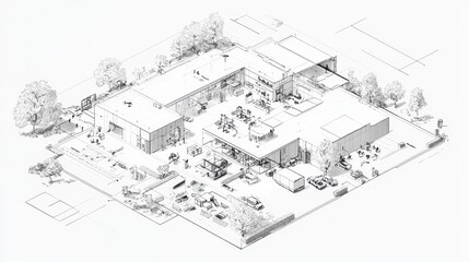 Wall Mural - Isometric Sketch of Building Complex with Parking Lot