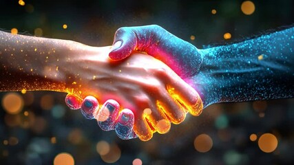 Poster - Two hands shake firmly, one organic and warm, the other shimmering with digital energy, representing cooperation between humans and technology.