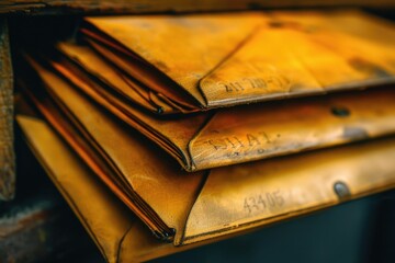 Aufkleber - Stack of yellow envelopes resting on a wooden shelf, great for office or home use