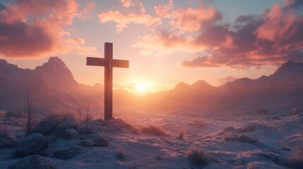 Poster - Wooden Cross on Mountaintop at Sunset