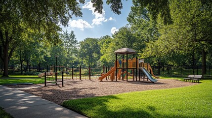 A children's playground in a park, surrounded by green trees and a well-manicured lawn, with plenty of open space.