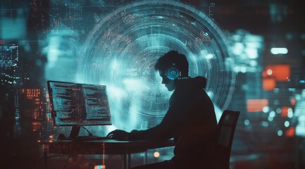 Poster - A skilled hacker, deeply immersed in the world of data analytics at their digital workspace desk, vividly showcasing the fascinating intersection of advanced technology and critical cybersecurity