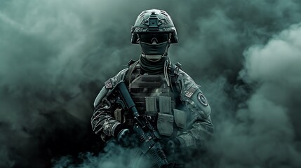 Soldier in Full Combat Gear Standing Amidst Dense Smoke