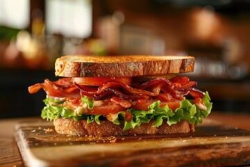 Wall Mural - A delicious looking sandwich with crispy bacon, fresh lettuce on a wooden cutting board