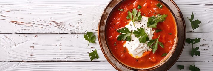 Canvas Print - Creamy Tomato Soup with Mozzarella Cheese and Fresh Parsley Served in a Bowl on a White Background