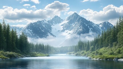 Naklejka na meble A clipart of a mountain range with a river flowing through it, perfect for outdoor adventure themes with ample room for messaging.