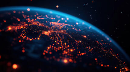 Wall Mural - A close up of a planet with a blue sky and orange lights. The lights are scattered all over the planet, creating a sense of chaos and confusion. The image conveys a feeling of disorientation