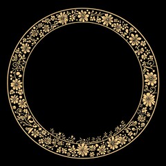 Poster - Golden Floral Circle Frame on Black Background