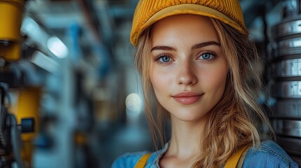 Poster - woman working in industrial factory programming machine.stock image