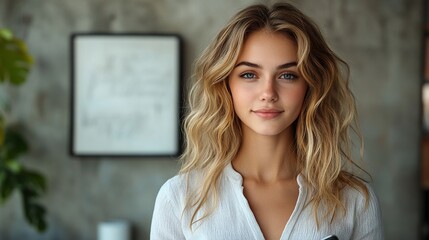Poster - business woman young with tablet standing against wall concrete in office.illustration