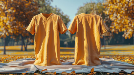 Canvas Print - Two yellow t-shirts are displayed on a blanket in a park. The t-shirts are hanging on a clothesline, and the background features trees and leaves. Concept of relaxation and leisure