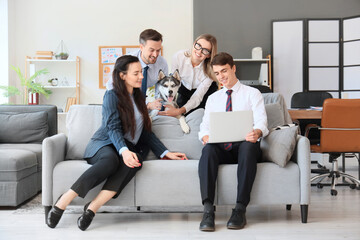 Canvas Print - Business colleagues with funny Husky dog sitting on sofa in office