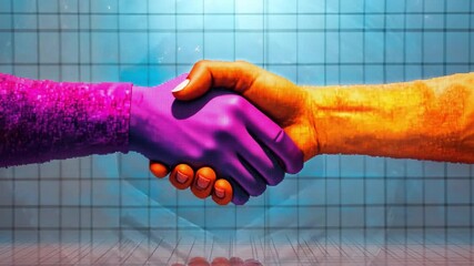 Poster - A colorful digital handshake represents partnership and cooperation in a modern, grid-patterned environment.