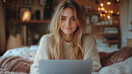 Poster - indoors home office concept young couple using laptops on bed.stock image