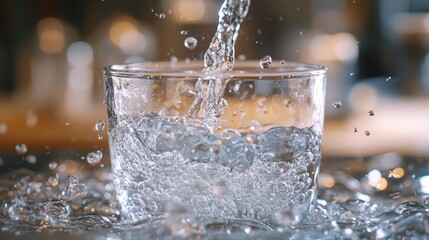 Poster - A close-up of a glass of water being filled, with the stream of water creating bubbles and ripples.