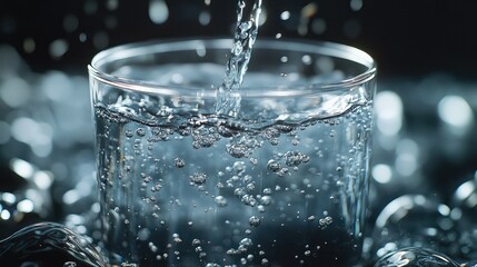 Poster - A close-up of a glass of water being filled, with the stream of water creating bubbles and ripples.