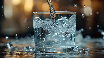 Poster - A close-up of a glass of water being filled, with the stream of water creating bubbles and ripples.