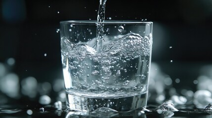 Poster - A close-up of a glass of water being filled, with the stream of water creating bubbles and ripples.