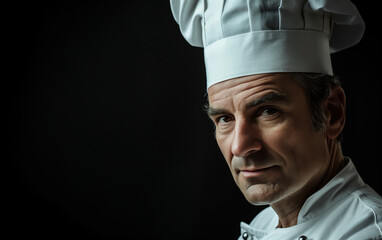 Professional Chef. Portrait male chef with cook hat, white uniform. Portrait of an old Italian or French chef, standing in the kitchen, restaurant, cooking class, cooking school. Realistic style photo