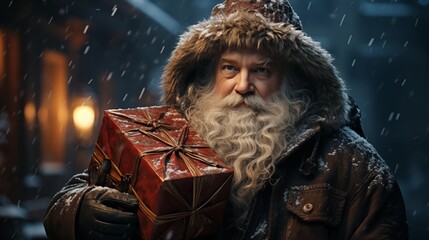 Santa claus delivers christmas gifts in a snowy night