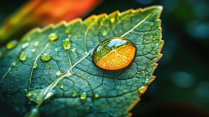 Wall Mural - A close-up of a single large raindrop on a leaf, capturing the intricate details and reflections within the drop with space for text.