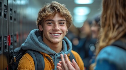 Poster - high school students meeting near locker in campus hallway talking greeting high fiving.illustration