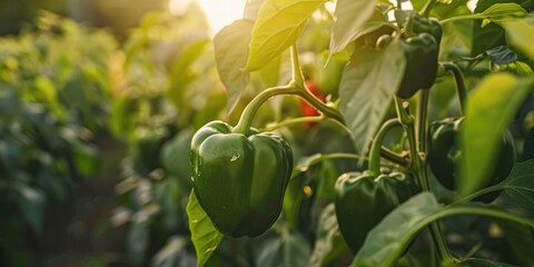 Wall Mural - Green bell peppers flourishing on a pepper plant in the garden.