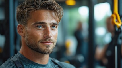 Poster - in gym, young man working out on cable weight machine with his personal trainer.stock image