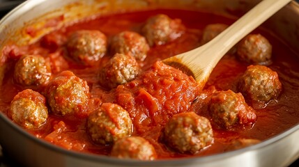 A skillet filled with meatballs simmering in rich tomato sauce with a wooden spoon.