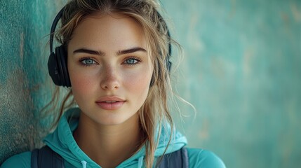 Poster - young woman in sportswear looking at camera with wireless headset and bottle over green background.stock image