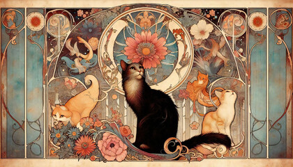 Wall Mural - Decorative painting of flowers and a cat, generated by AI