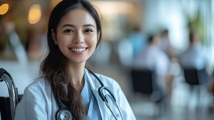 Aufkleber - taking care of senior woman at wheelchair young woman doctor.stock image